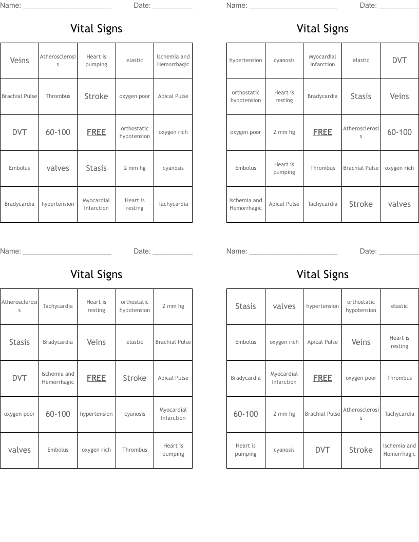 Vital Signs Bingo Cards