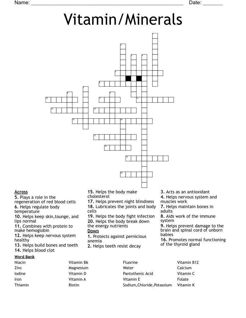 Vitamin/Minerals Crossword