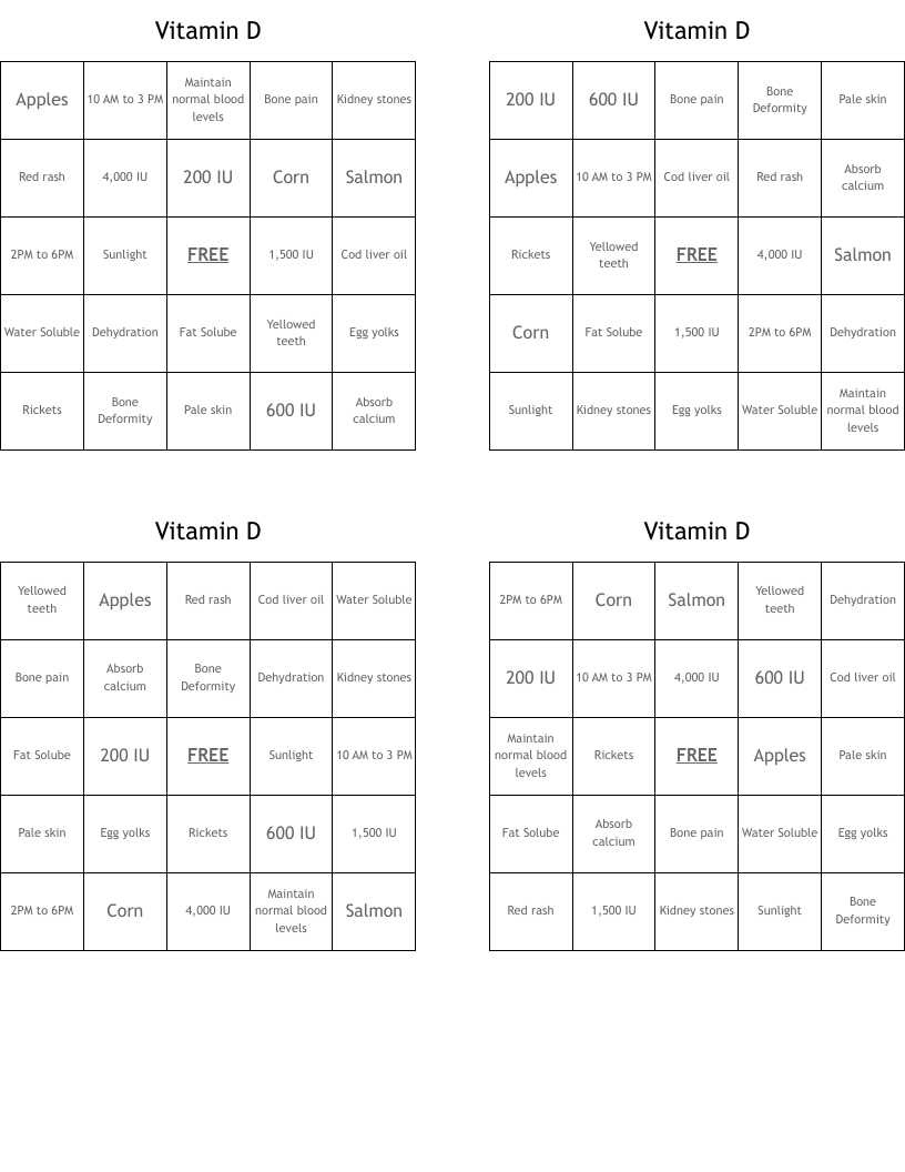 Vitamin D Bingo Cards