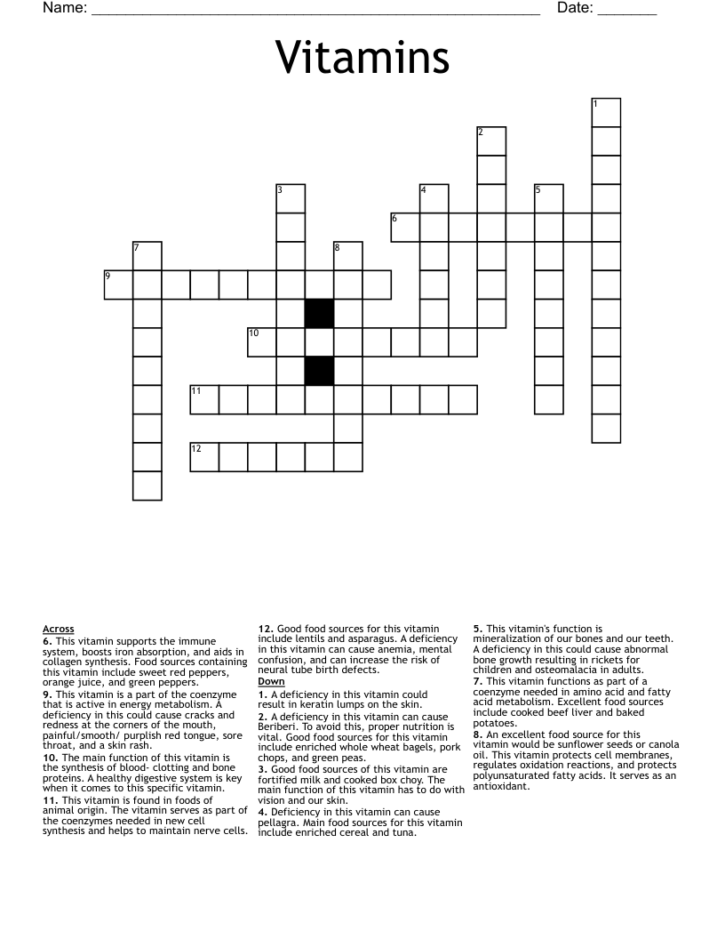 Vitamins Crossword