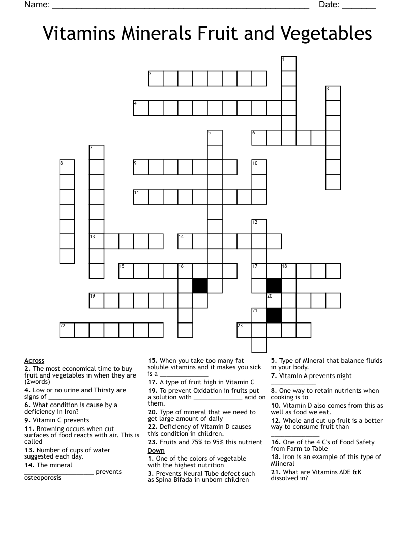 Vitamins Minerals Fruit and Vegetables Crossword