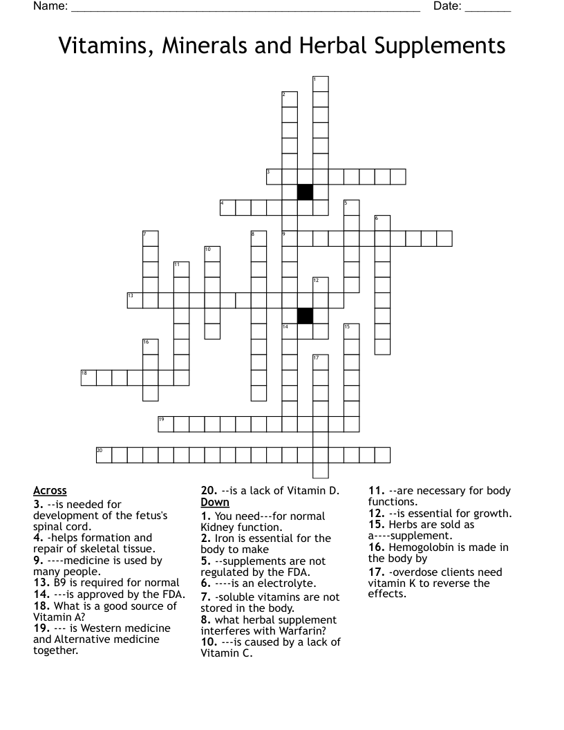 Vitamins, Minerals and Herbal Supplements Crossword