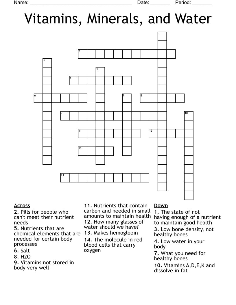 Vitamins, Minerals, and Water Crossword