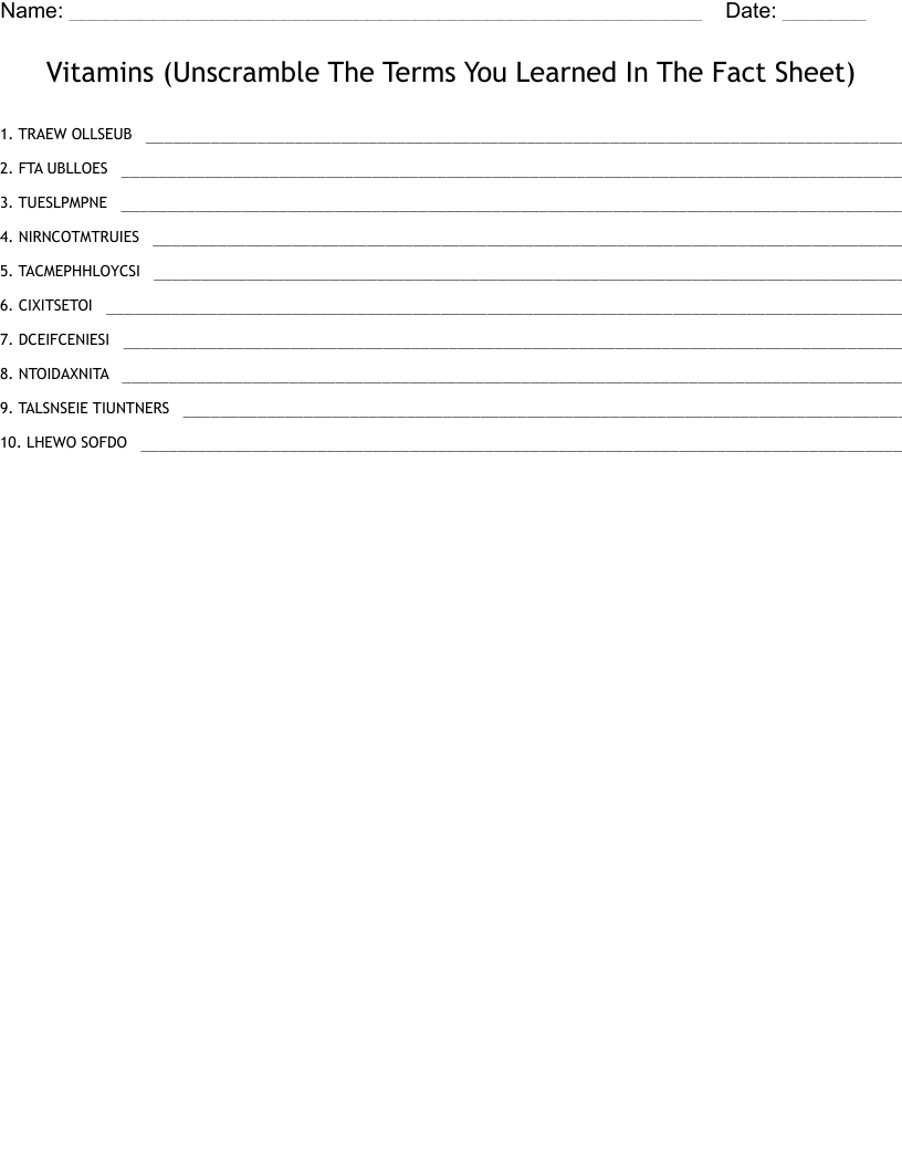 Vitamins (Unscramble The Terms You Learned In The Fact Sheet)