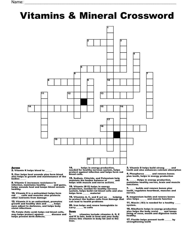 Vitamins & Mineral Crossword