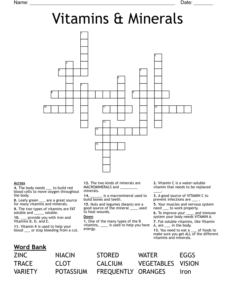 Vitamins & Minerals Crossword