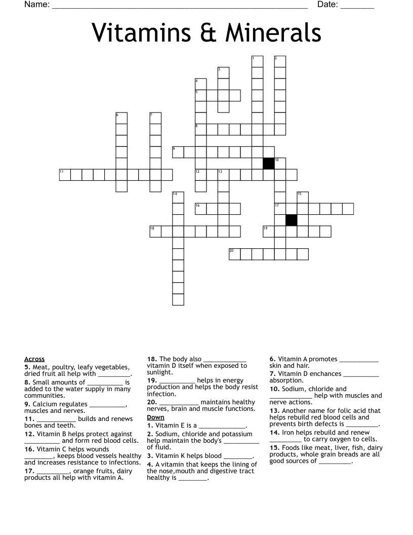 Vitamins & Minerals Crossword