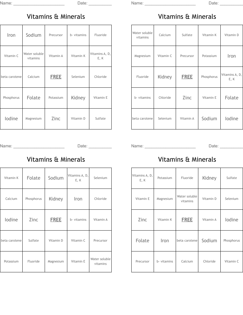 Vitamins & Minerals Bingo Cards