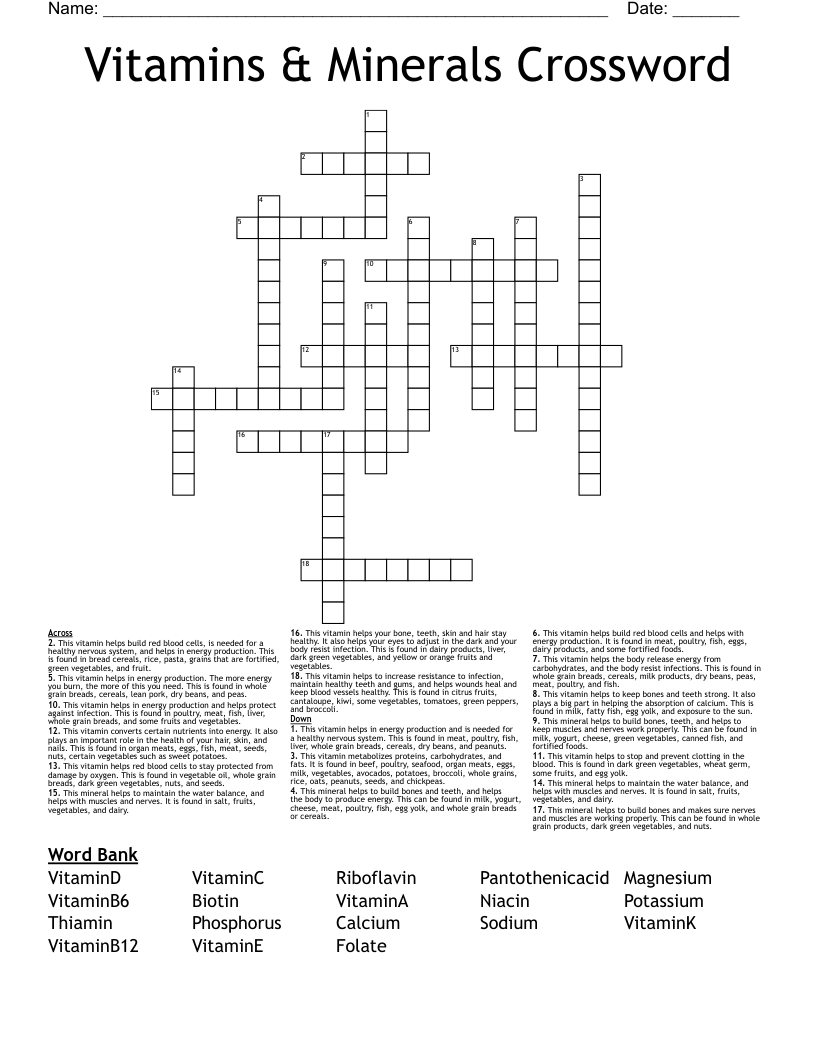 Vitamins & Minerals Crossword
