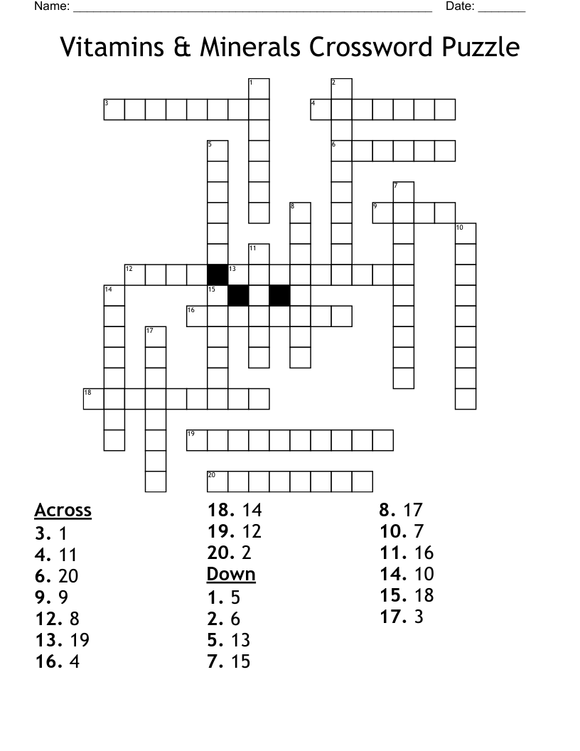 Vitamins & Minerals Crossword Puzzle