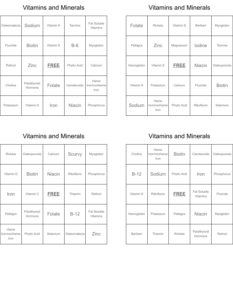 Vitamins and Minerals Bingo Cards