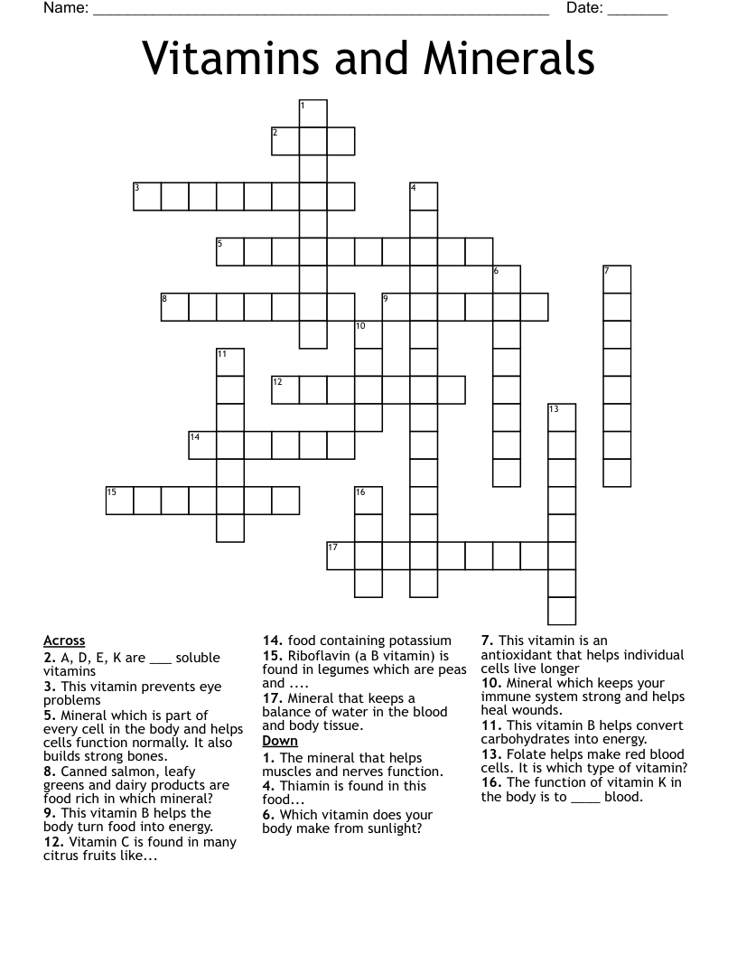 Vitamins and Minerals Crossword