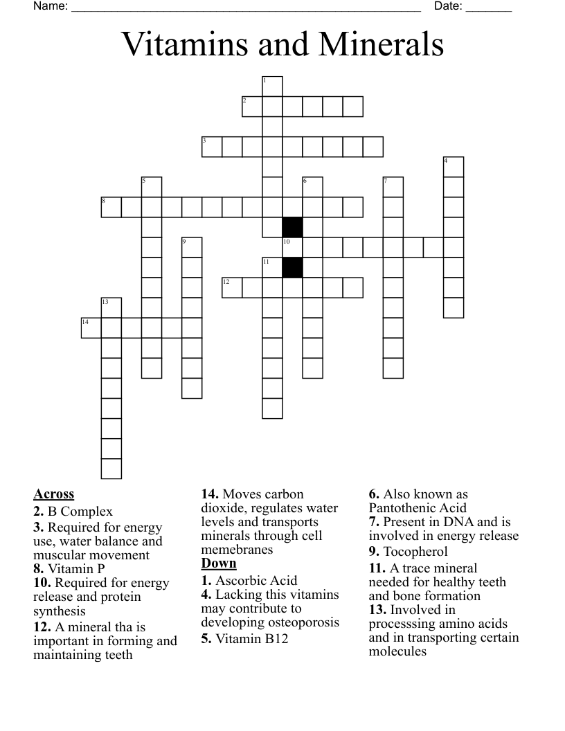 Vitamins and Minerals Crossword