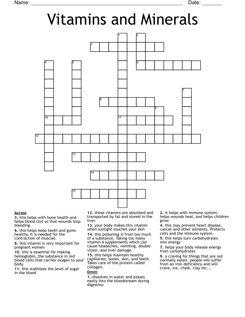 Vitamins and Minerals Crossword
