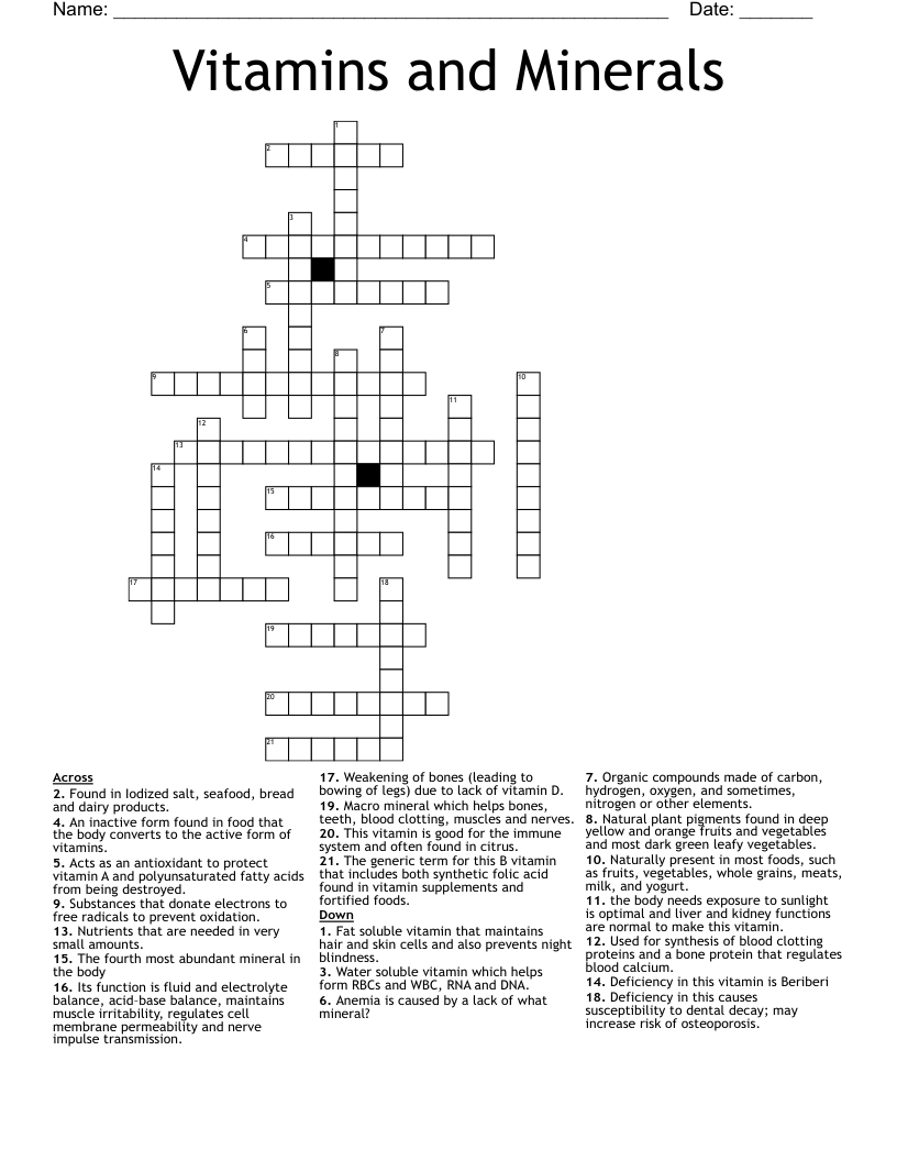 Vitamins and Minerals Crossword