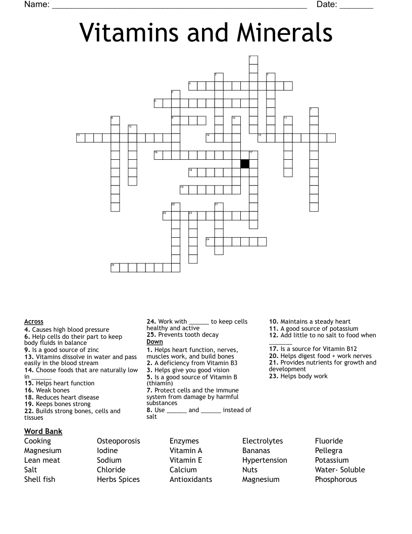 Vitamins and Minerals Crossword