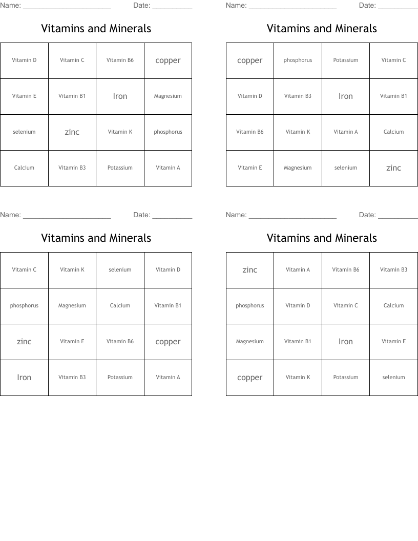 Vitamins and Minerals Bingo Cards