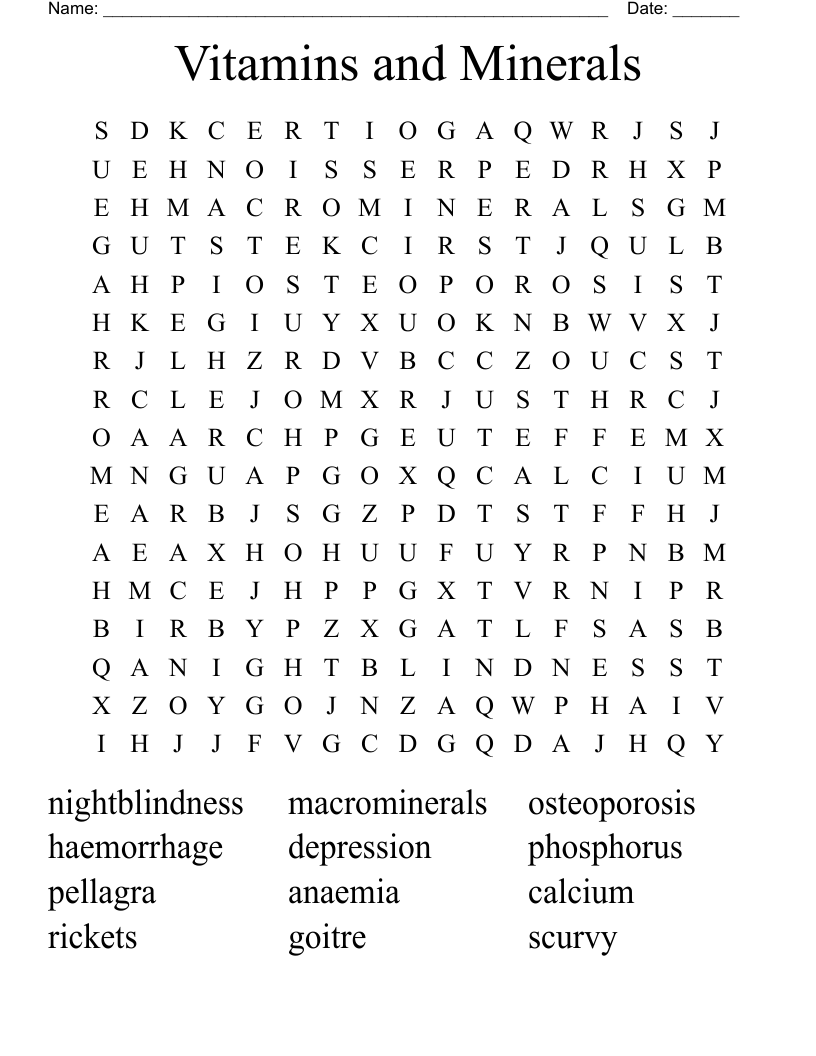 Vitamins and Minerals Word Search