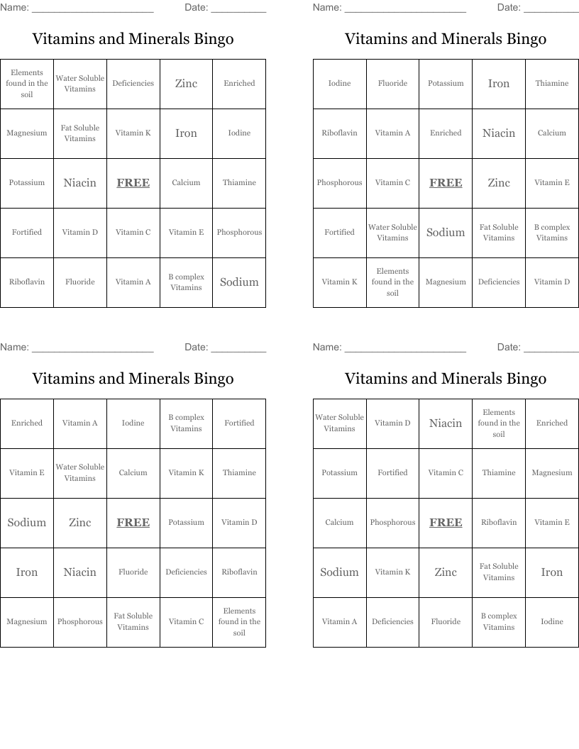 Vitamins and Minerals Bingo
