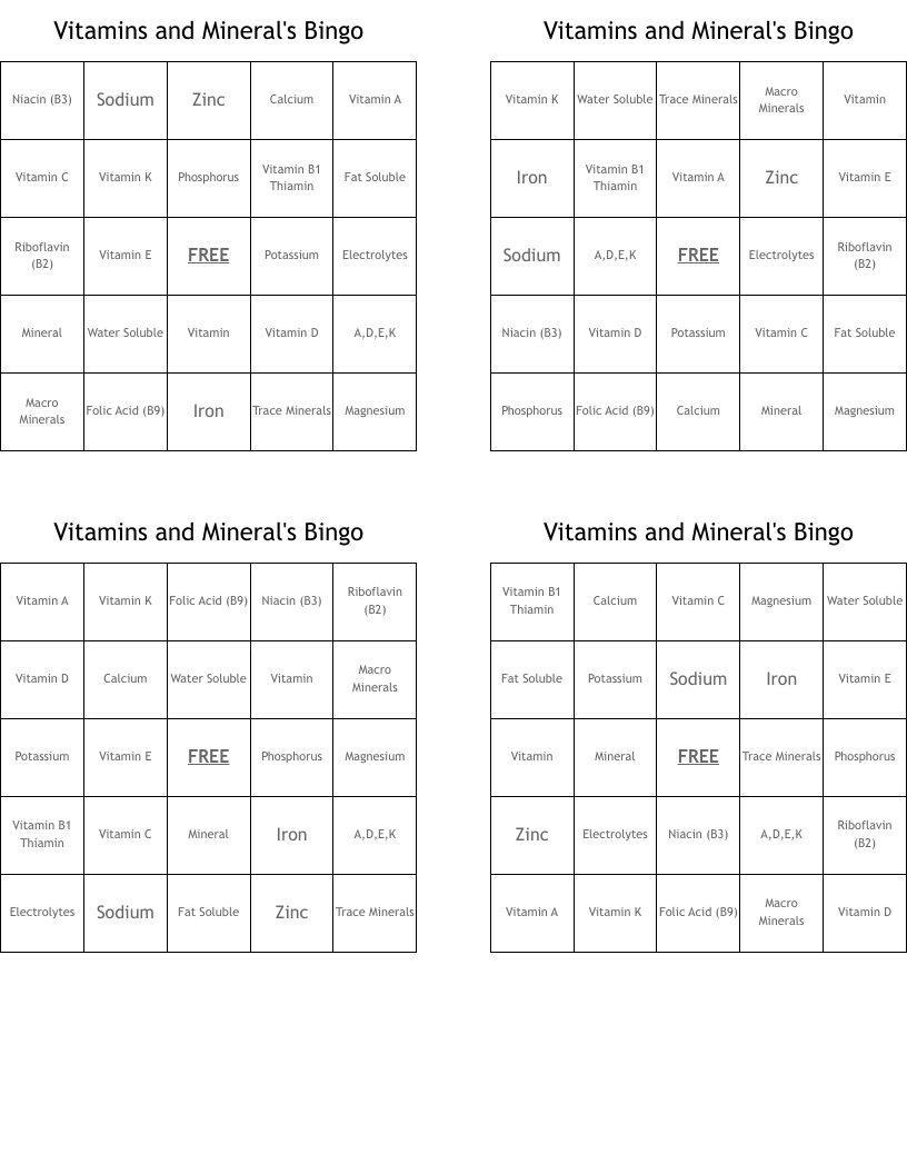 Vitamins and Mineral's Bingo