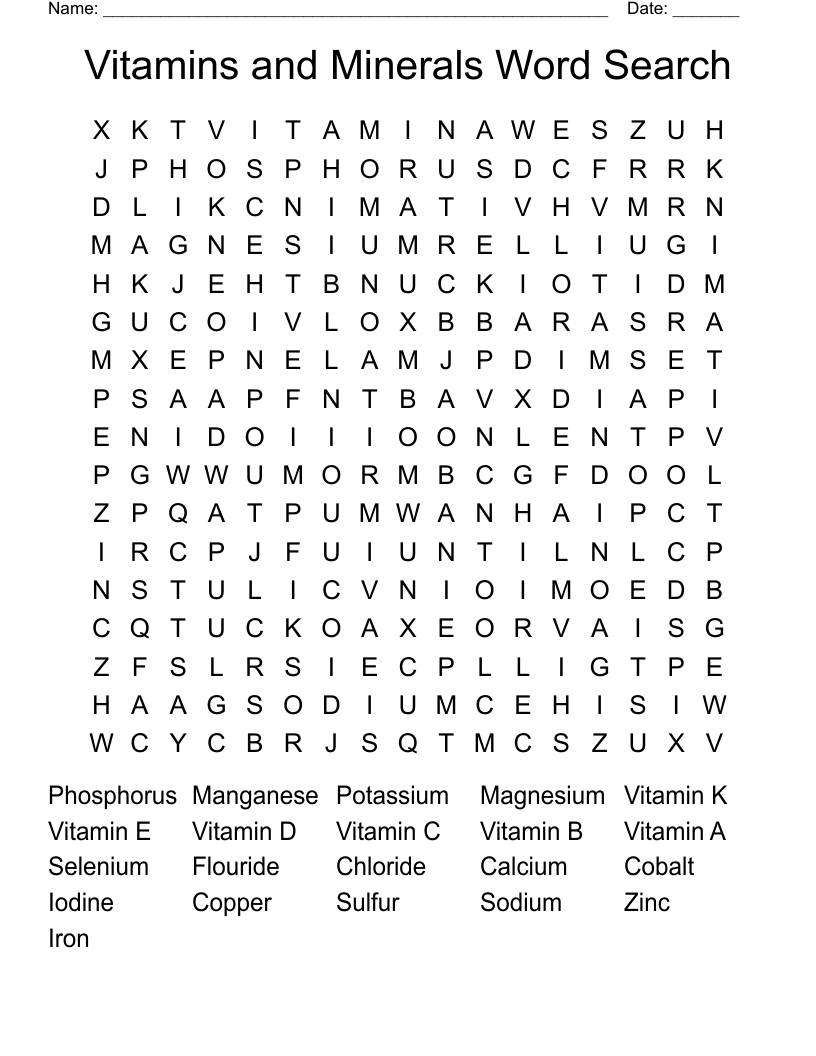 Vitamins and Minerals Word Search