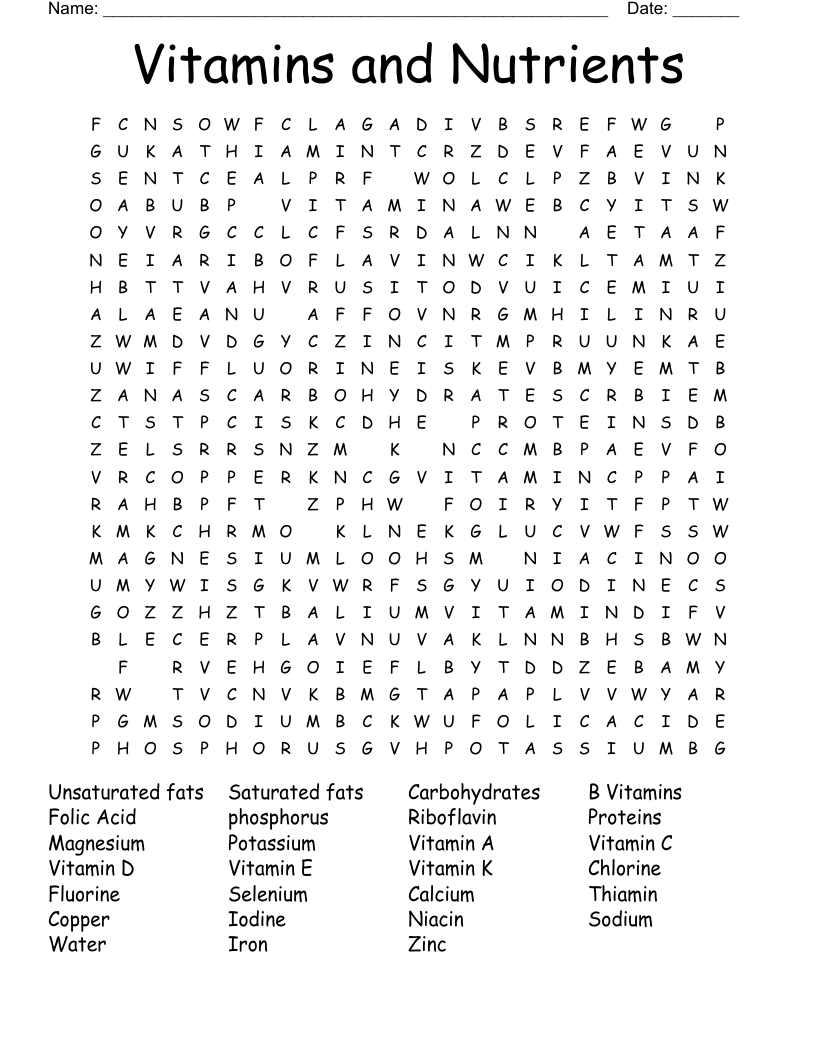 Vitamins and Nutrients  Word Search