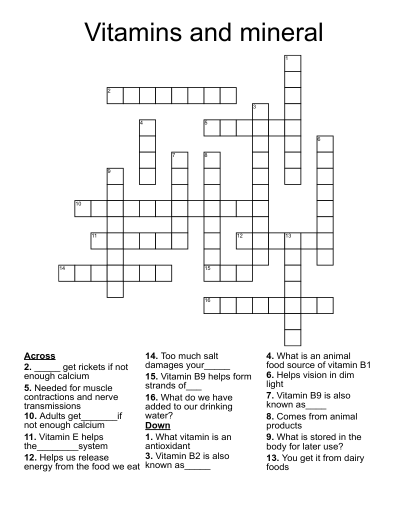 Vitamins and mineral Crossword