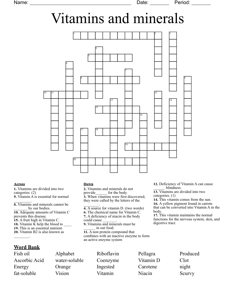 Vitamins and minerals Crossword