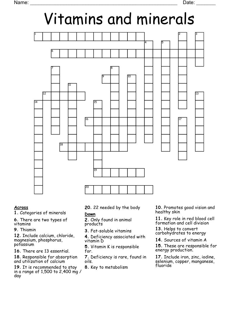 Vitamins and minerals Crossword