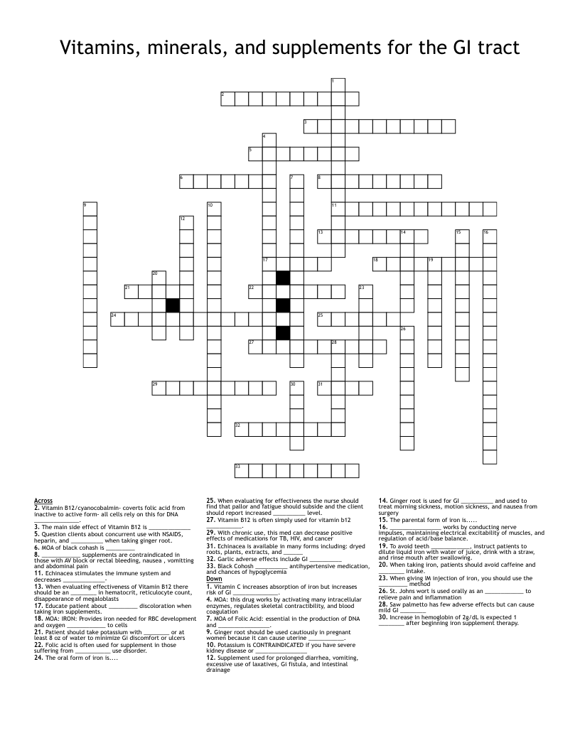Vitamins, minerals, and supplements for the GI tract Crossword