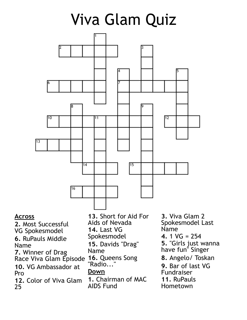 Viva Glam Quiz Crossword