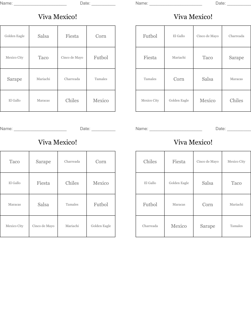 Viva Mexico! Bingo Cards