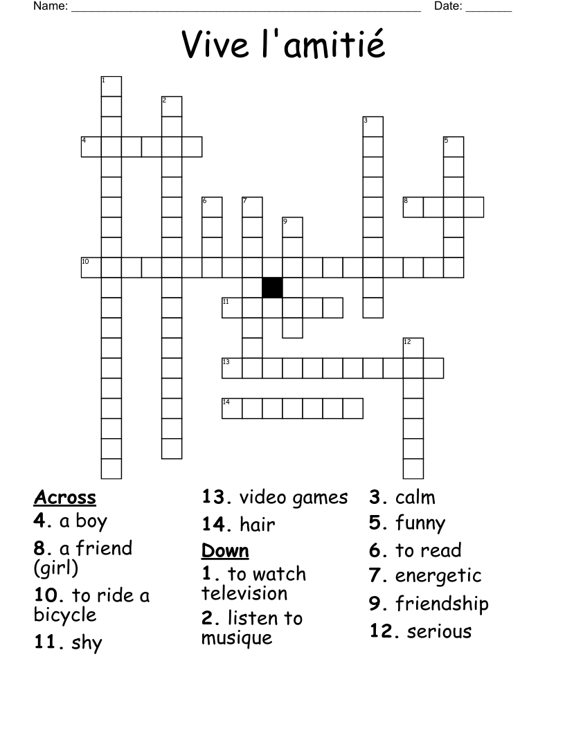 Vive l'amitié Crossword