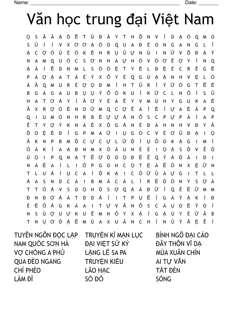 Văn học trung đại Việt Nam Word Search