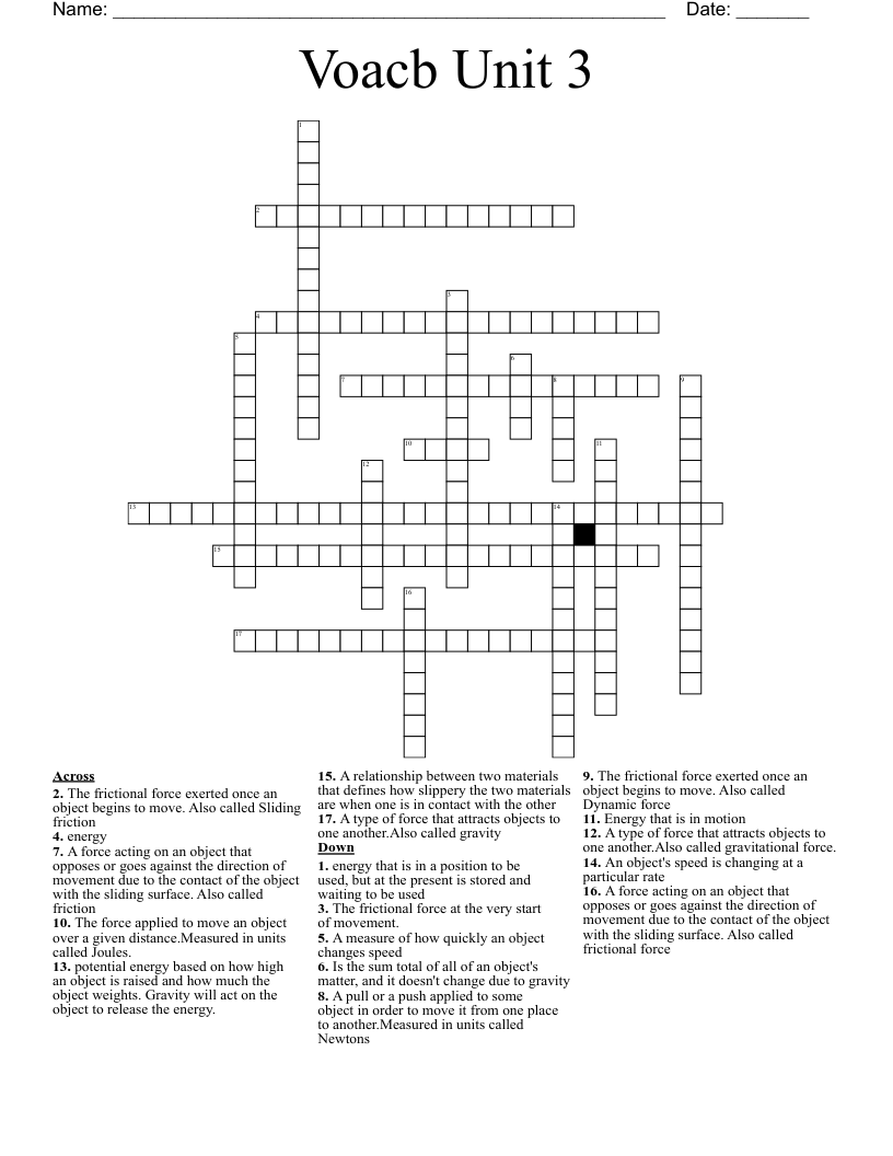 Voacb Unit 3 Crossword