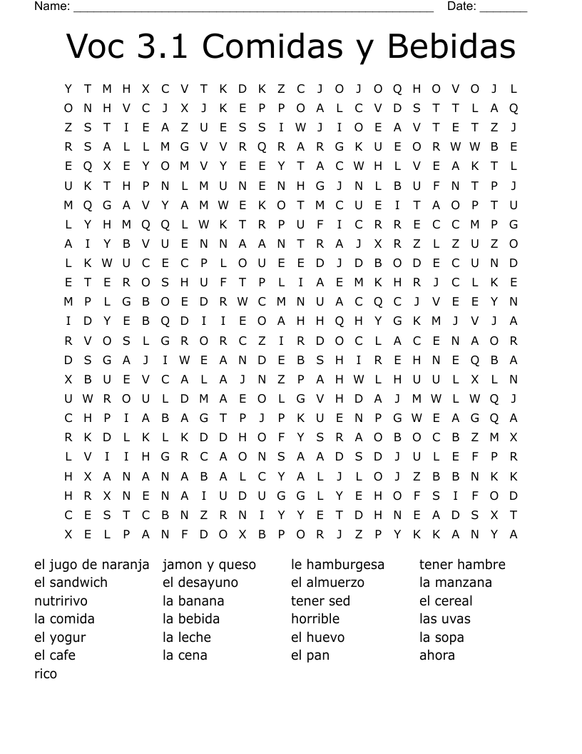 Voc 3.1 Comidas y Bebidas  Word Search
