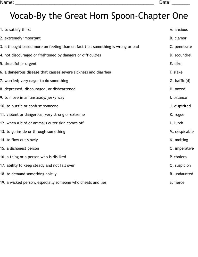 Vocab-By the Great Horn Spoon-Chapter One Worksheet