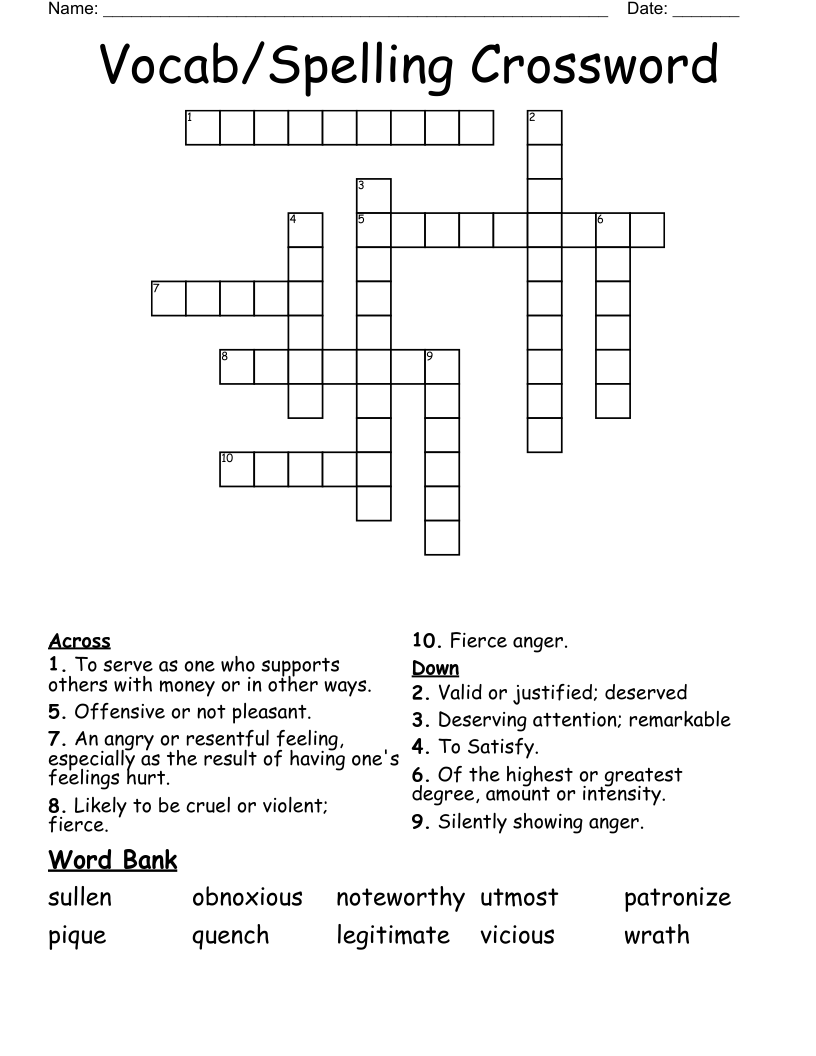 Vocab/Spelling Crossword