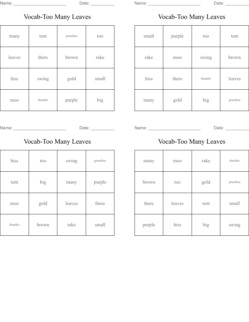 Vocab-Too Many Leaves Bingo Cards