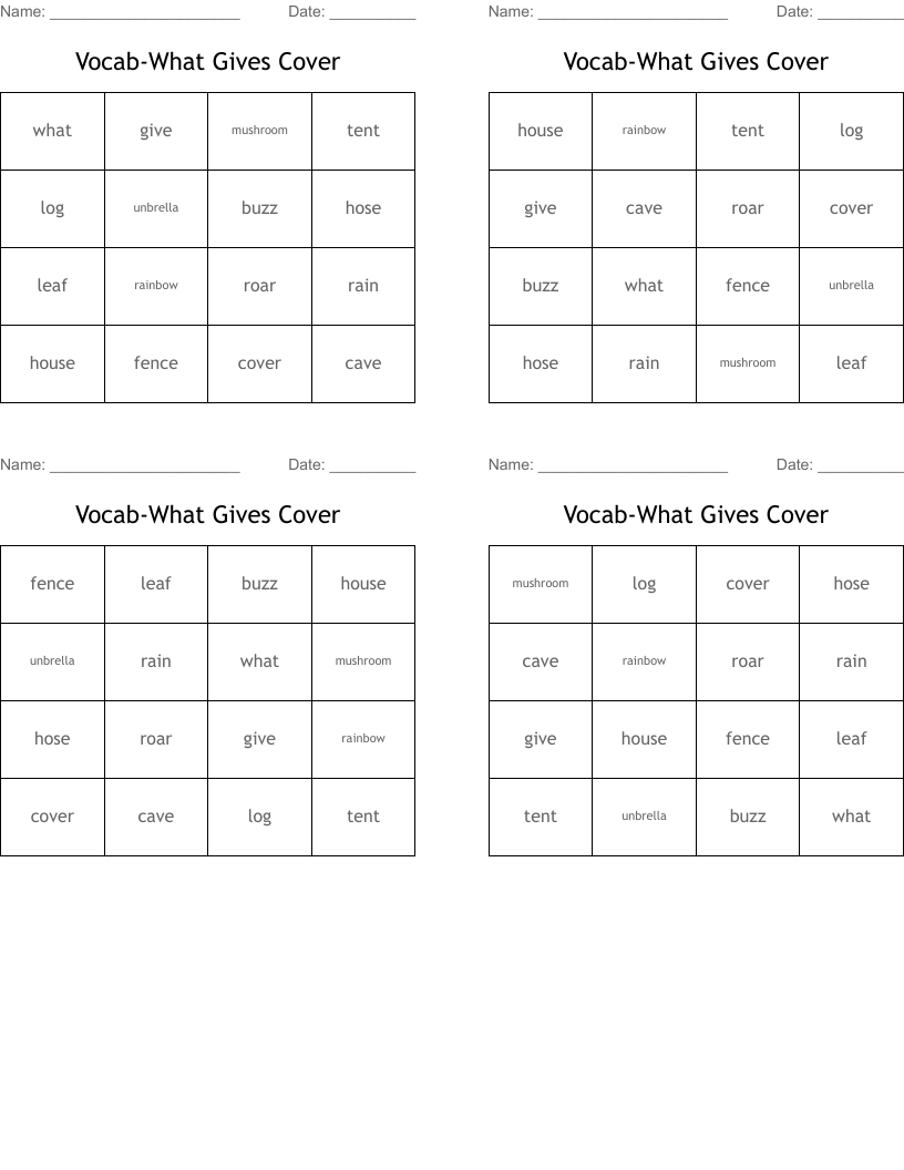 Vocab-What Gives Cover Bingo Cards
