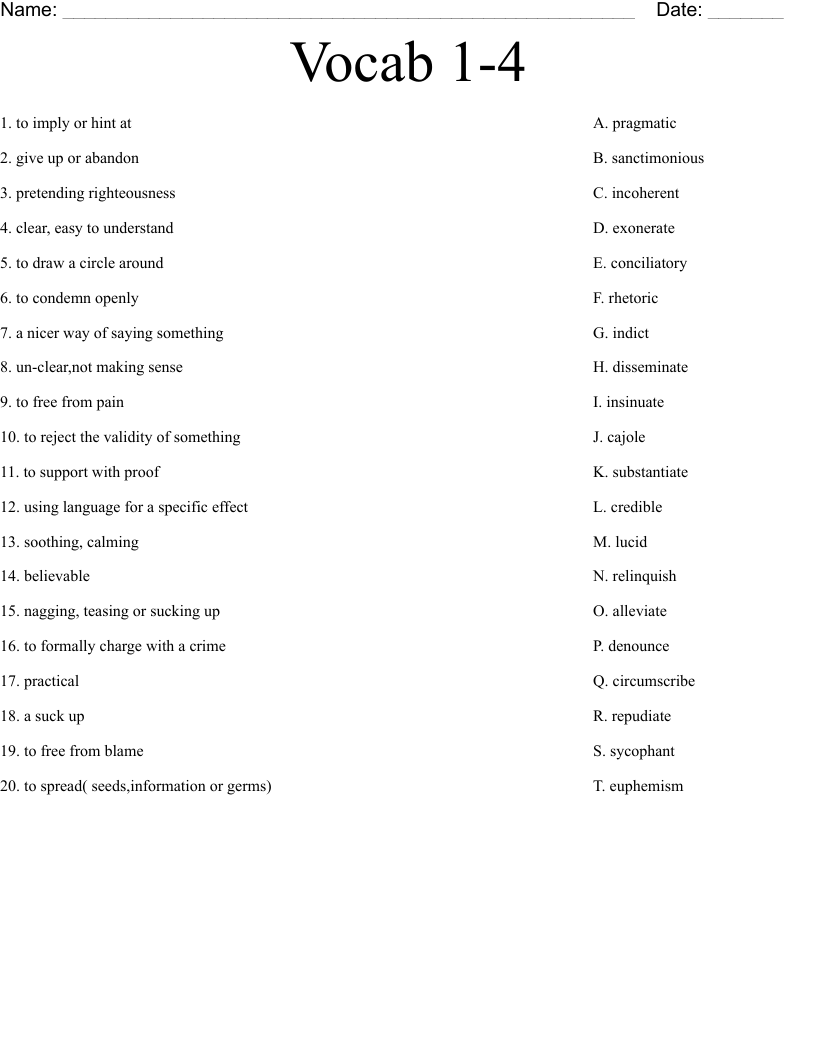 Vocab 1-4 Worksheet