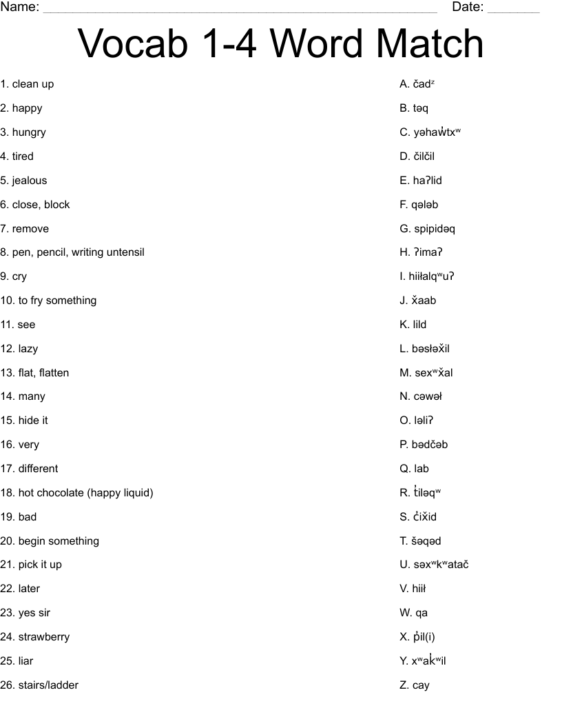 Vocab 1-4 Word Match Worksheet