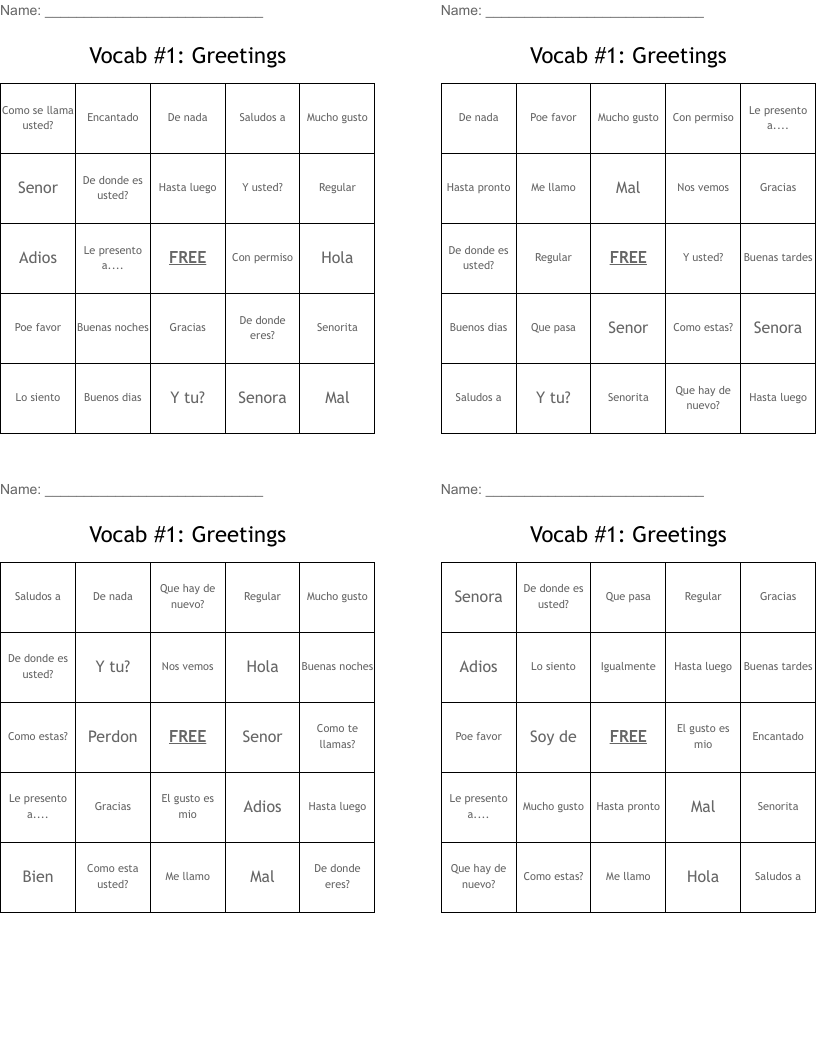 Vocab #1: Greetings Bingo Cards