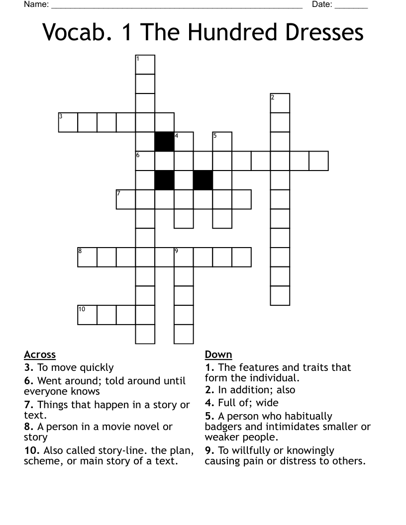 Vocab. 1 The Hundred Dresses Crossword