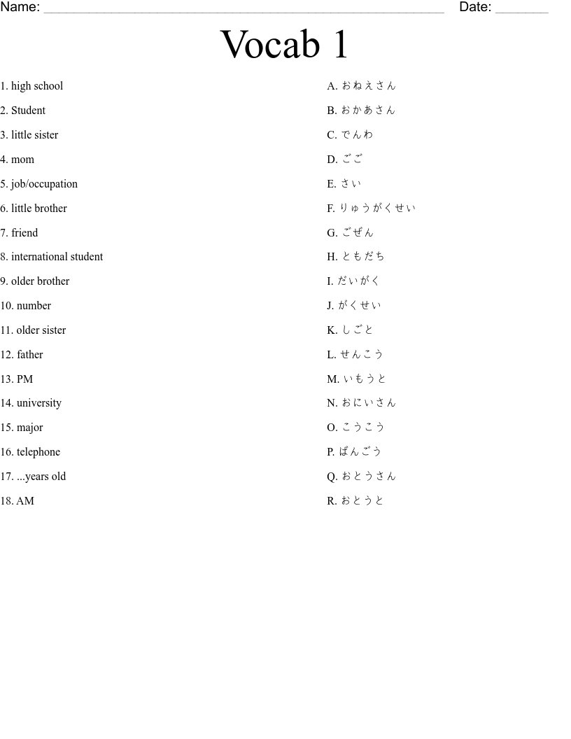 Vocab 1  Worksheet