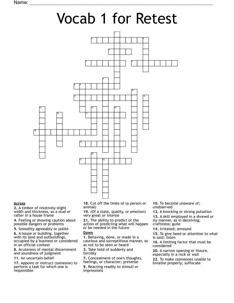 Vocab 1 for Retest Crossword