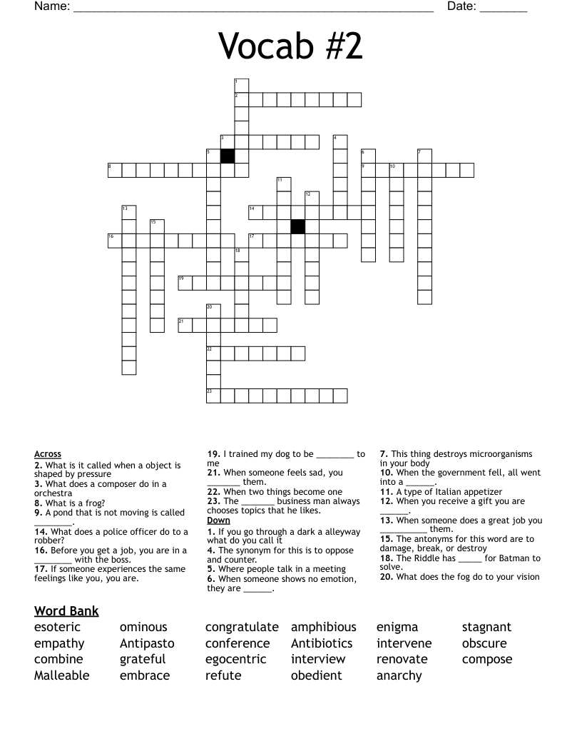 Vocab #2 Crossword