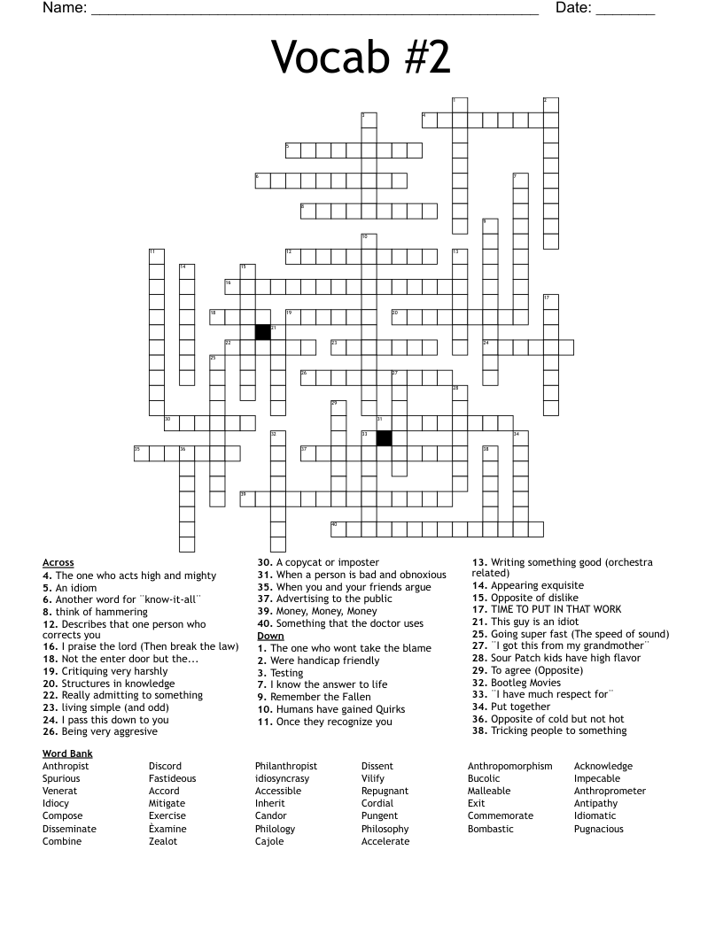 Vocab #2 Crossword