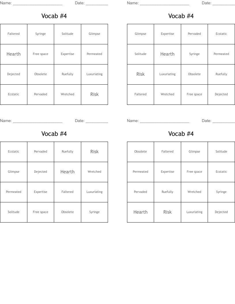 Vocab #4 Bingo Cards