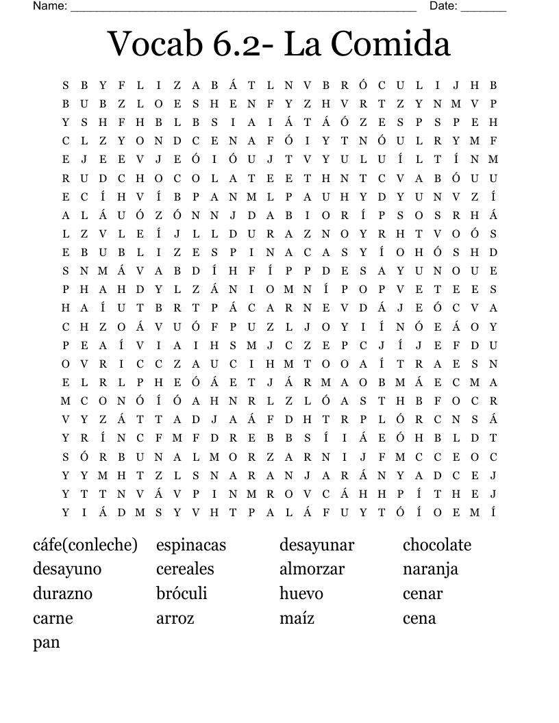 Vocab 6.2- La Comida Word Search